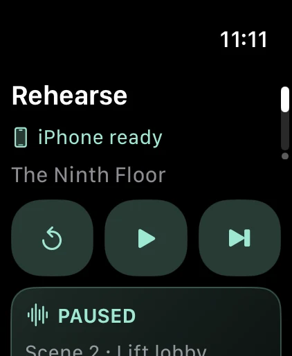 Apple Watch rehearsal controls with iPhone ready status